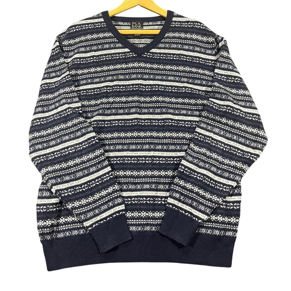 JOS A BANK Mens L V-Neck Fair Isle Sweater 80 Lambswool Navy White